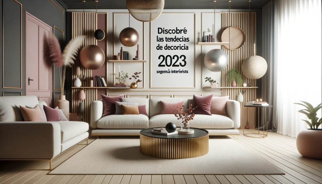 Foto de un moderno salón de estar decorado con los colores y estilos de tendencia para 2023. En el centro, un sofá cómodo y a su alrededor diversos el